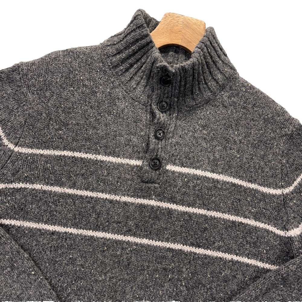Banana Republic Sweater Mens 2XL Gray Wool Silk Mock Neck Henley Striped preppy